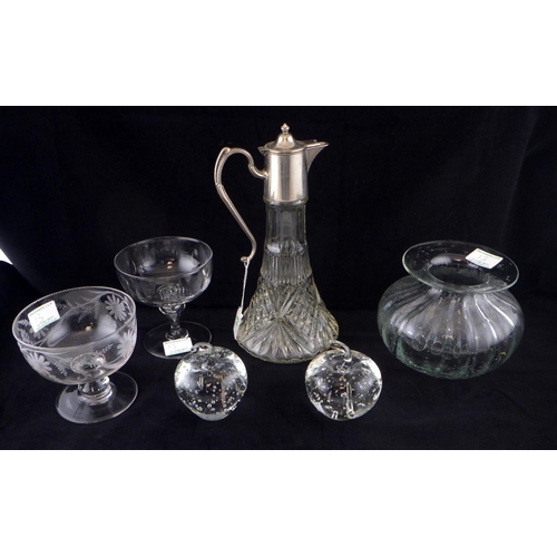 13 - A silver plated claret jug together with a 19thC etched crystal glass Bonbon Compote Sweet Dish and ... 