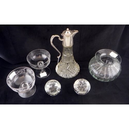 13 - A silver plated claret jug together with a 19thC etched crystal glass Bonbon Compote Sweet Dish and ... 