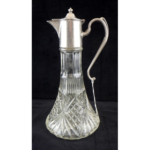 13 - A silver plated claret jug together with a 19thC etched crystal glass Bonbon Compote Sweet Dish and ... 