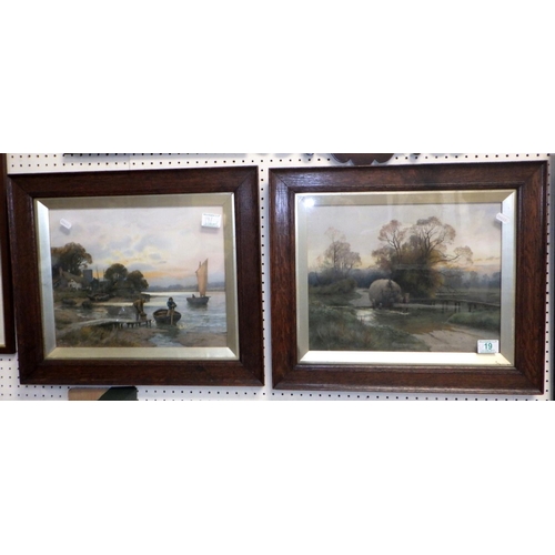 19 - Two oak framed landscape prints 52 x 44cm together with a mahogany framed mirror and a pair of moder... 