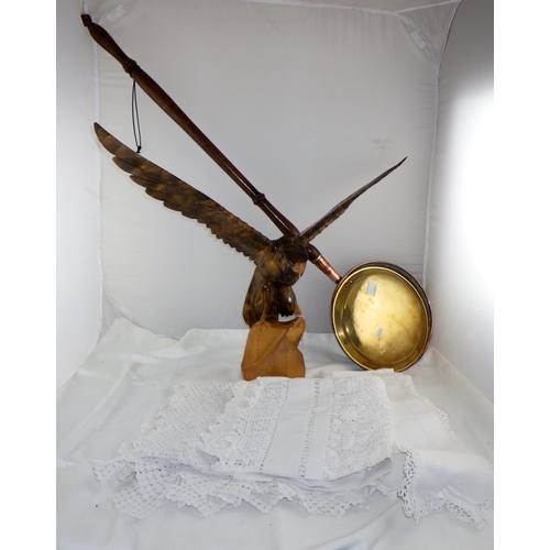 21 - A carved eagle stamped USSR together with a 19thC bed pan & a small qty of linen (3)