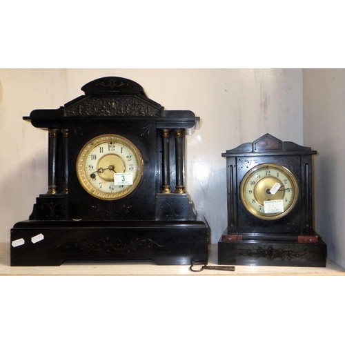 3 - A large slate mantle clock 40cm tall together with smaller slate mantle clock (2)