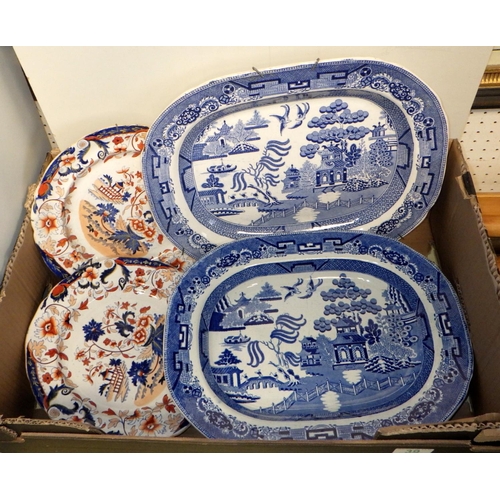 39 - Two 19th C blue and white Willow pattern meat plates together with two Staffordshire plates (4)