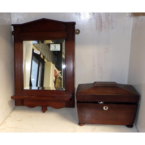 5 - A 19thC rosewood tea caddy 20cm wide (back feet af) together with a small mirror 25 x 38cm (2)