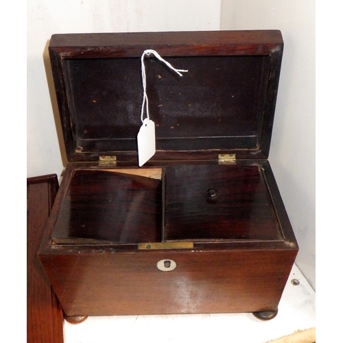 5 - A 19thC rosewood tea caddy 20cm wide (back feet af) together with a small mirror 25 x 38cm (2)