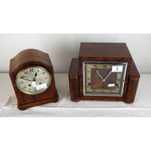 8 - An Art Deco walnut inlaid Westminster chime mantle clock 28 x 21cm together with an Edwardian mahoga... 