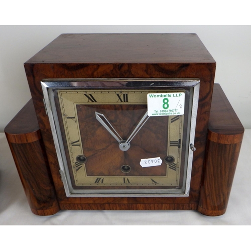 8 - An Art Deco walnut inlaid Westminster chime mantle clock 28 x 21cm together with an Edwardian mahoga... 