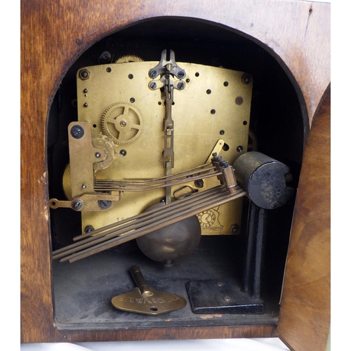 8 - An Art Deco walnut inlaid Westminster chime mantle clock 28 x 21cm together with an Edwardian mahoga... 