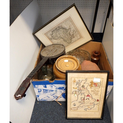 49 - A group of misc collectables to include glass bowls, stoneware jars, banjo, framed map, needlework m... 