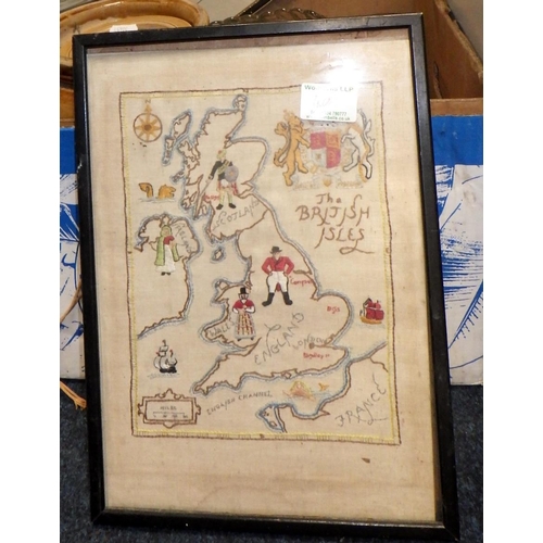 49 - A group of misc collectables to include glass bowls, stoneware jars, banjo, framed map, needlework m... 