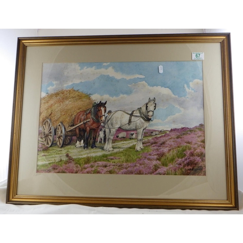 67 - D M Alderson (20th century) Horses pulling hay, signed and dated 1988, watercolour 
AF slight foxing... 