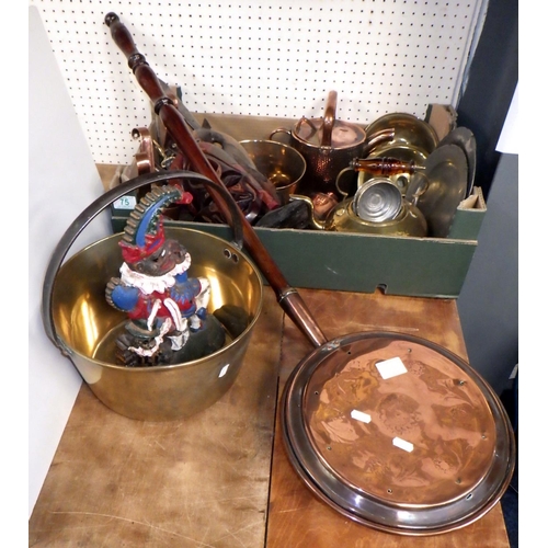 75 - A group of misc brass and copper ware to include 19thC warming pan, jam pan, Punch cast door stop et... 