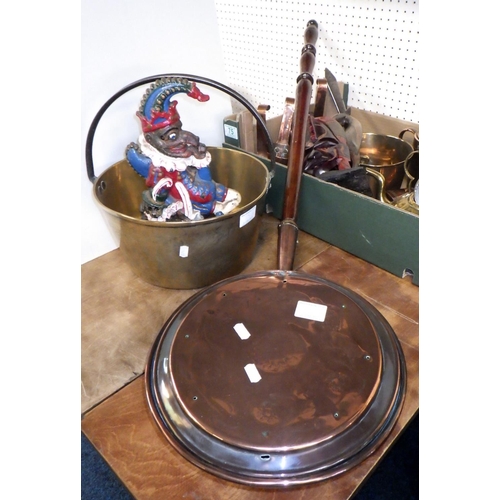 75 - A group of misc brass and copper ware to include 19thC warming pan, jam pan, Punch cast door stop et... 