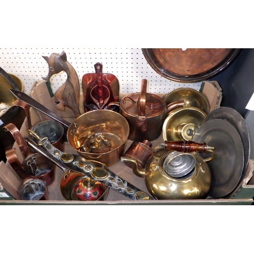 75 - A group of misc brass and copper ware to include 19thC warming pan, jam pan, Punch cast door stop et... 