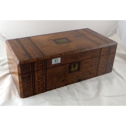 81 - A Victorian walnut parquetry inlaid writing box 50cm wide