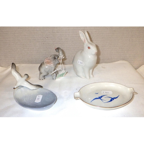 107 - A group of Herend to include rabbit, elephant seagull dish & ash tray (4)