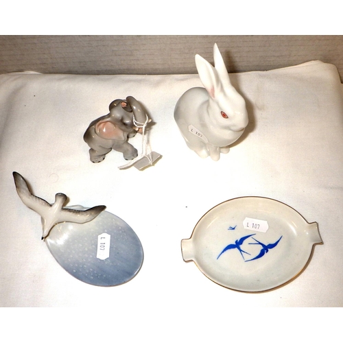 107 - A group of Herend to include rabbit, elephant seagull dish & ash tray (4)