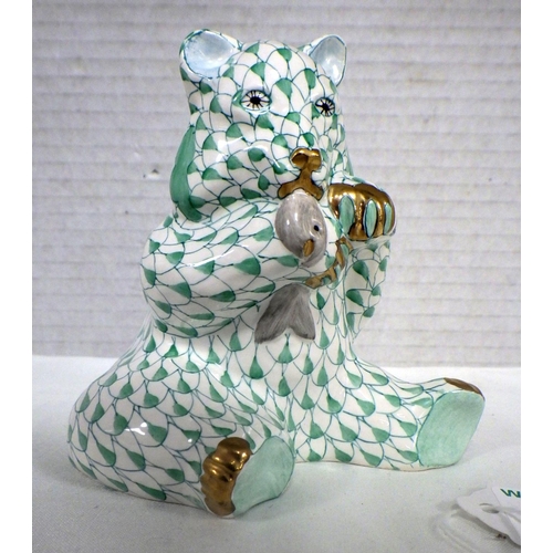 114 - A Herend green fishnet Bear with Salmon 10cm tall