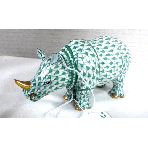 115 - A Herend green fishnet Rhinoceros 13cm long 7cm high