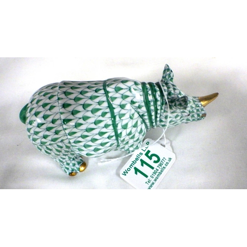 115 - A Herend green fishnet Rhinoceros 13cm long 7cm high