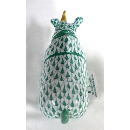 115 - A Herend green fishnet Rhinoceros 13cm long 7cm high