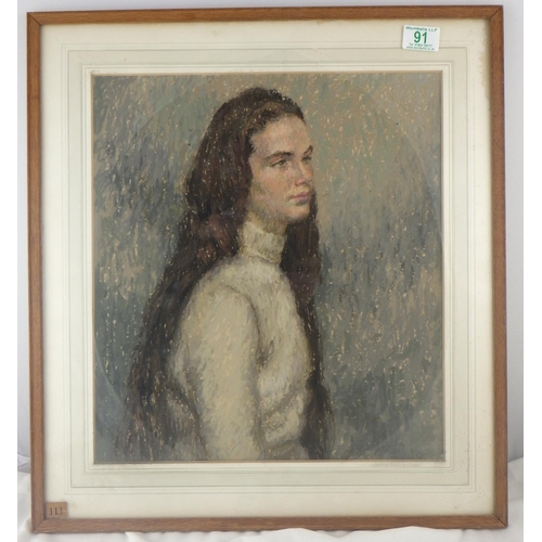 91 - A portrait of a lady, Indistinctly signed Mervyn partially bearing artist's label verso 50 x 55cm in... 