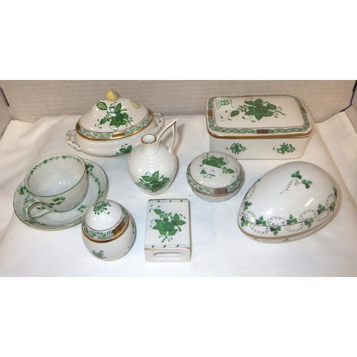 99 - A group of Herend Green Bouquet Flowers to include lidded trinket box 14 x 10cm, egg 12cm etc  (8)