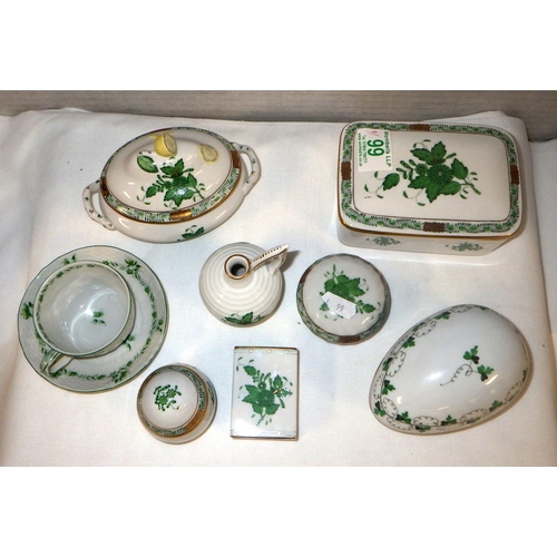 99 - A group of Herend Green Bouquet Flowers to include lidded trinket box 14 x 10cm, egg 12cm etc  (8)