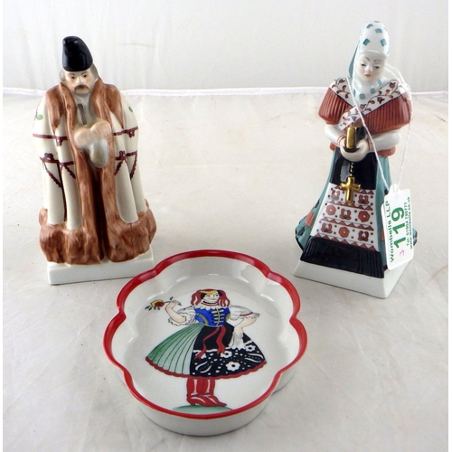 119 - Two Herend figures in traditional dress 14 & 13cm  together with a pin dish 13cm x 9cm