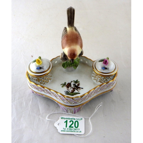 120 - A Herend Birds & Insects inkwell 12cm high x16cm wide