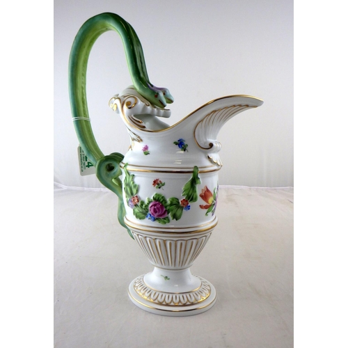 124 - A Herend Printemps double snake handle pitcher  30cm tall