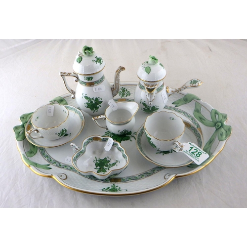 128 - A Herend tea for two to include tray, coffee pot two cups & saucers, milk jug, bowl, AF
small chip t... 