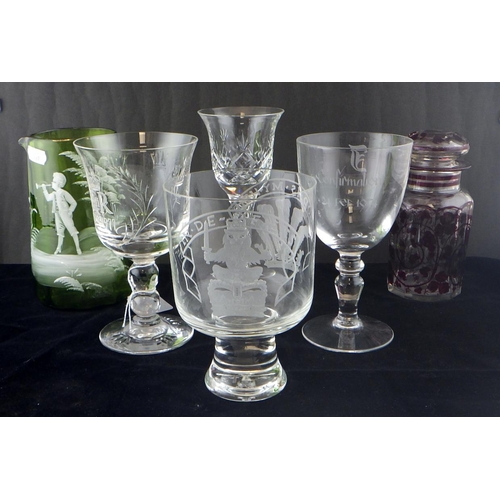 135 - A Green Mary Gregory jug together with etched goblets and a lidded jar (6)