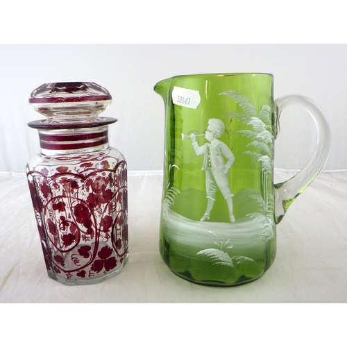 135 - A Green Mary Gregory jug together with etched goblets and a lidded jar (6)