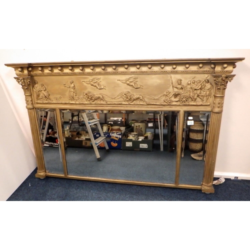 170 - A 19thC overpainted three panel overmantle bevelled mirror 150 x 92 cm