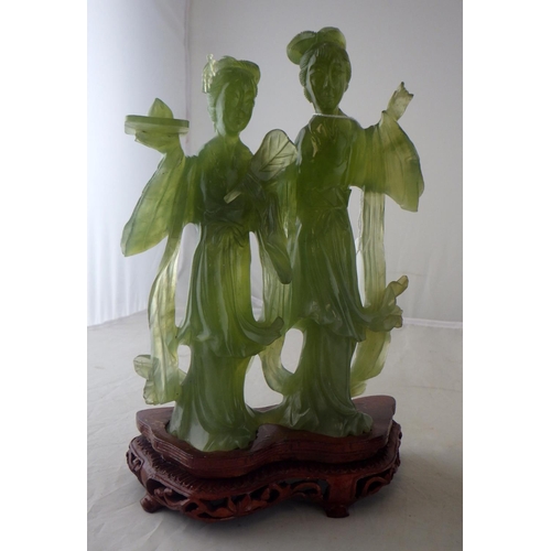 171 - A Chinese Jadeite figure group together with a carved horn (2)