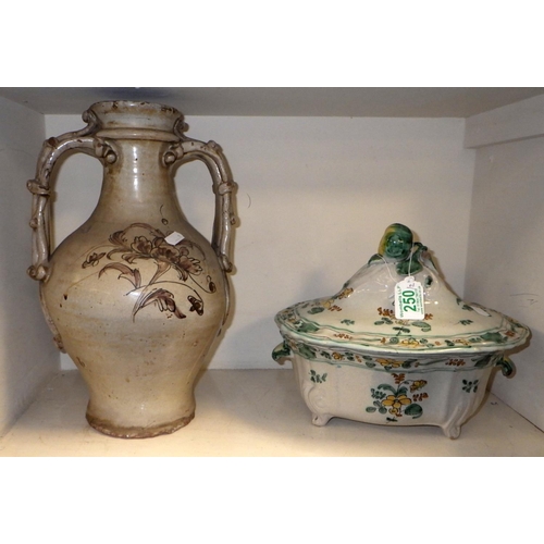 18 - An early Spanish faience vase together with similar French Tureen (2)