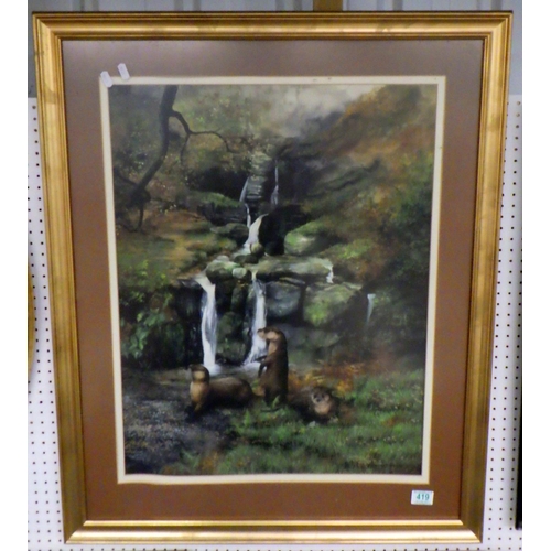 42 - Caroline Manning: An Upland Stream, landscape view with otters, signed and dated 1982.