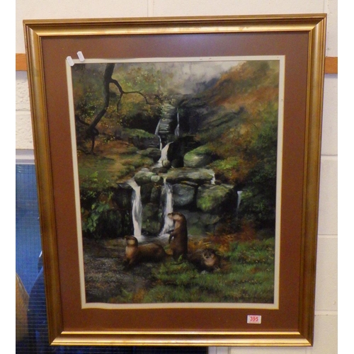 42 - Caroline Manning: An Upland Stream, landscape view with otters, signed and dated 1982.