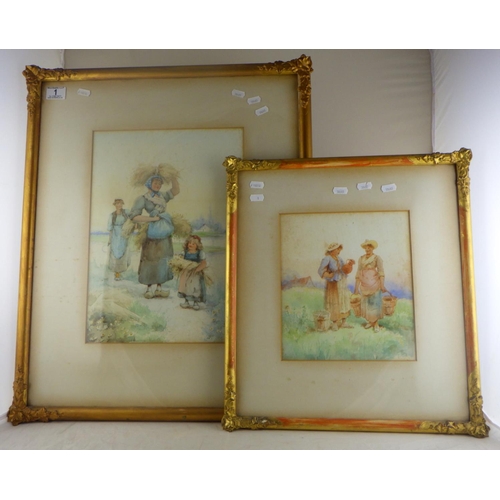 1 - Corn gatherers, Dutch (?) scene, watercolour bearing signature J Craig; another pastoral scene in th... 