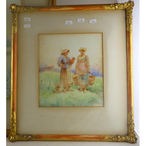 1 - Corn gatherers, Dutch (?) scene, watercolour bearing signature J Craig; another pastoral scene in th... 