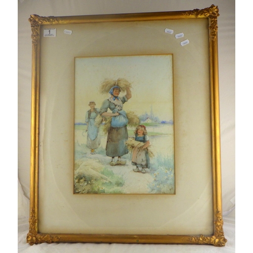 1 - Corn gatherers, Dutch (?) scene, watercolour bearing signature J Craig; another pastoral scene in th... 