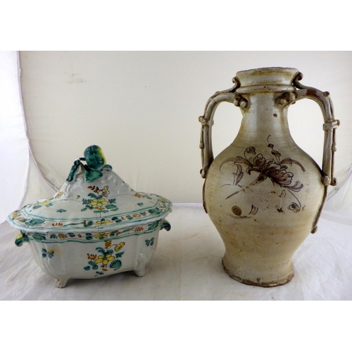 18 - An early Spanish faience vase together with similar French Tureen (2)