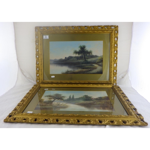 3 - A pair of landscape paintings on board.  39 x 24cm presented in gilt mounts and frames.