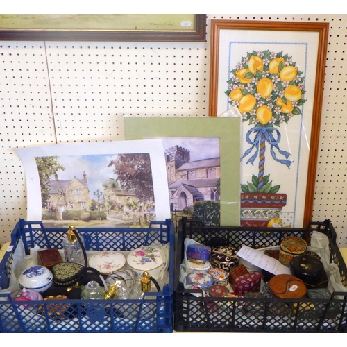 30 - Scent bottles, trinket boxes etc; aframed poster depicting luggage labels, other pictures.  (10)