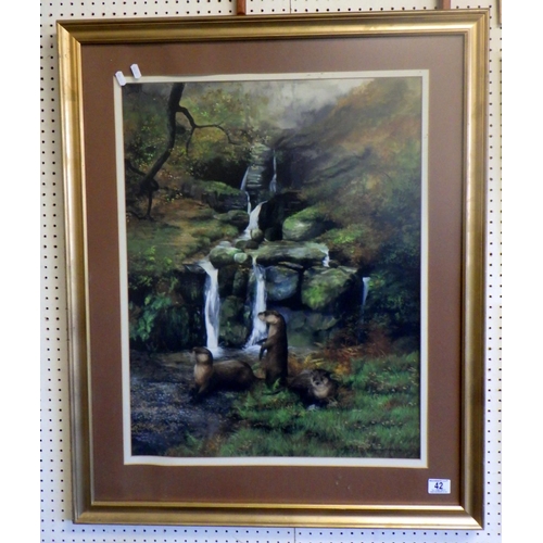 42 - Caroline Manning: An Upland Stream, landscape view with otters, signed and dated 1982.