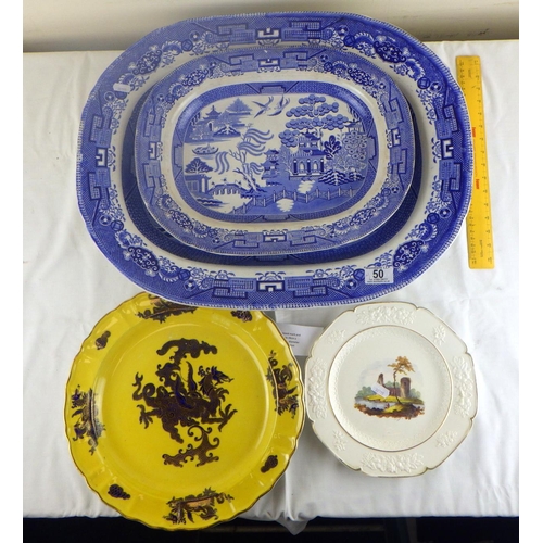 50 - A 19th century Davenport blue and white willow pattern meat plate 56cm x 44cm,  a smaller Davenport ... 