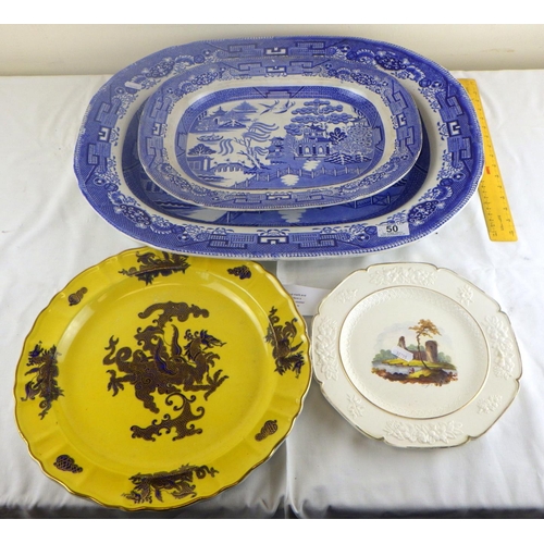 50 - A 19th century Davenport blue and white willow pattern meat plate 56cm x 44cm,  a smaller Davenport ... 