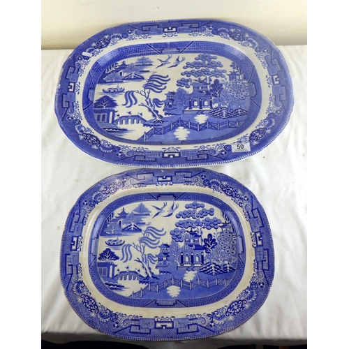 50 - A 19th century Davenport blue and white willow pattern meat plate 56cm x 44cm,  a smaller Davenport ... 