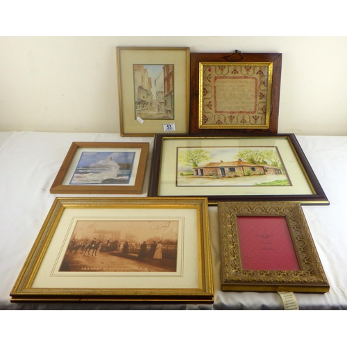 53 - A sampler dated 1886 in a rosewood frame, framed signed watercolour of York Shambles, a framed vinta... 